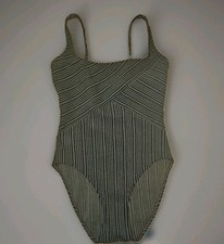 Vtg 80s Gottex Gold Label 1 Piece Swimsuit M/L Black Brown Geometric High Leg
