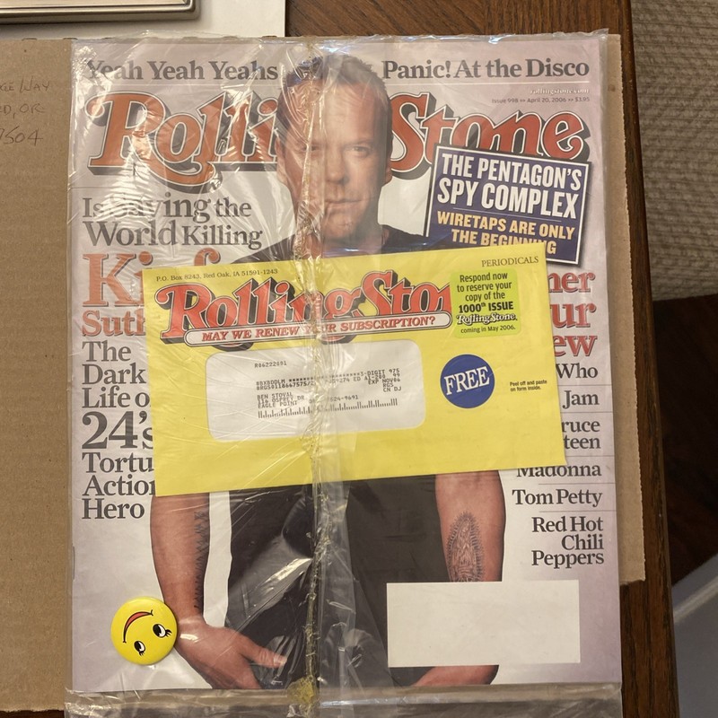 Rolling Stone Magazine. 4-20-2006. Kiefer Sullivan. New With Smiley Face Button