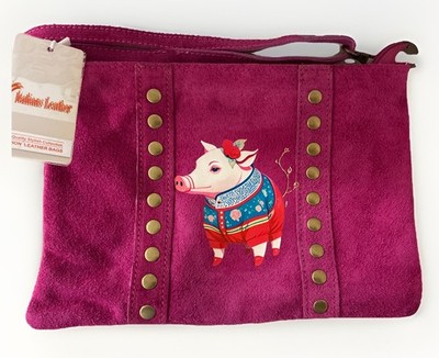 NWT Pink Suede Pig Wearing Nordic Sweater Crossbody Bag Shoulder Strap