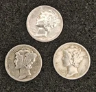 LOT OF THREE (3):  90% SILVER MERCURY DIMES 1943-P, 1944-P, 1945-P