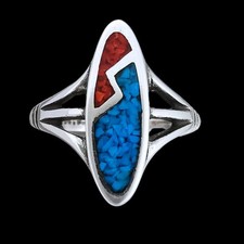 Size 8 - Sterling Silver Turquoise and Coral Three Prong Oval Ring