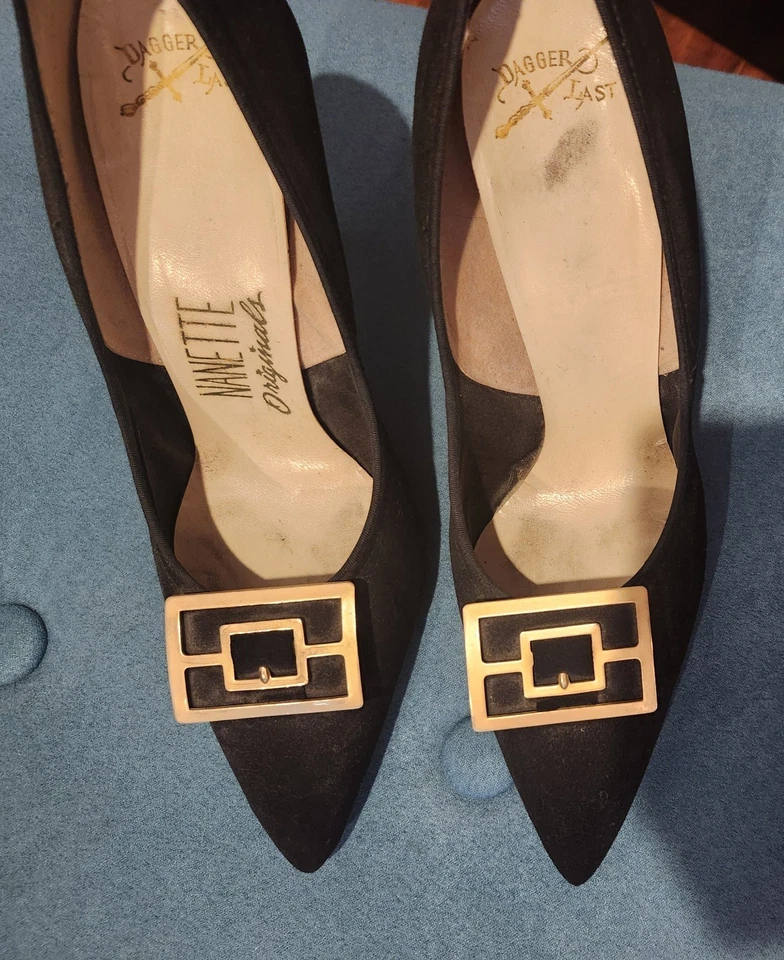 Tacones de tacón de gamuza negros vintage de los años 50 de Nanette Originals talla 6,5 - 7N Foto 3 de 4