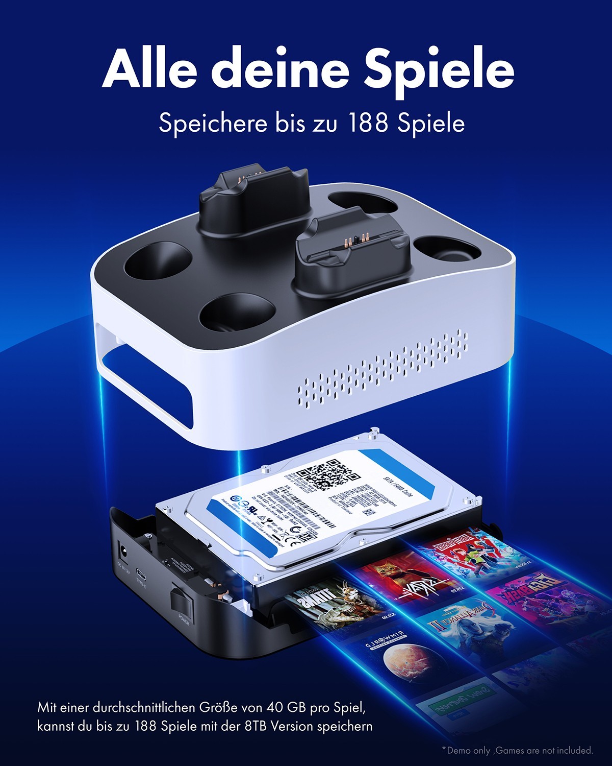 Disco rigido gaming 8TB formattato PS5 per PS5 + base di ricarica 2 controller PS5 foto 2