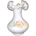 Fenton White Hand Painted Pink Rose Flower Floral Crest Ruffled Edge Vase