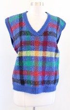 Vtg 90s Blue Multi Color Plaid Knit Pullover Sweater Vest Size M Retro V Neck