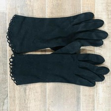 Vintage MCM 1960s Black Suede Mid-Length Gloves Scalloped Eyelet Trim Formal