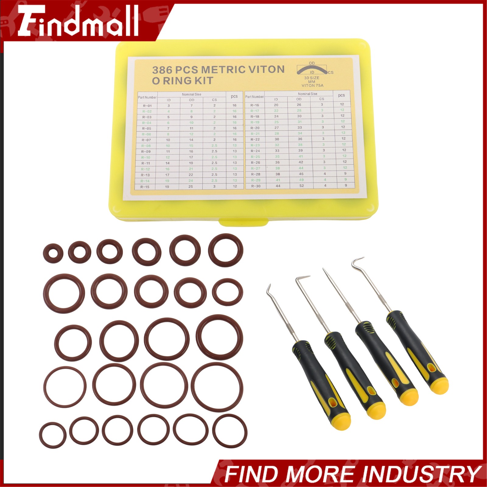 Findmall 386 Pcs Metric FKM O Ring Assortment Kit 75A Durometer 30 Sizes Brown