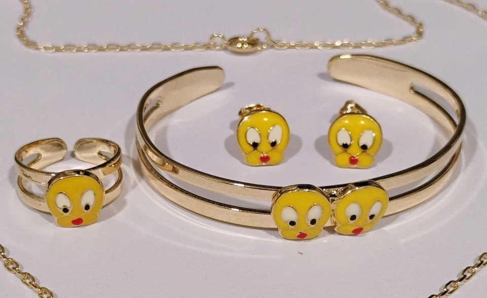 Juego de 4 piezas de collar, pulsera, pendientes y anillo de piolín para niñas rellenos de oro de 18k Foto 2 de 4