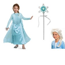 Disney Frozen Elsa Halloween Costume 7/8 Blue Dress, WIG, Ring & Wand 4 Pc Girls