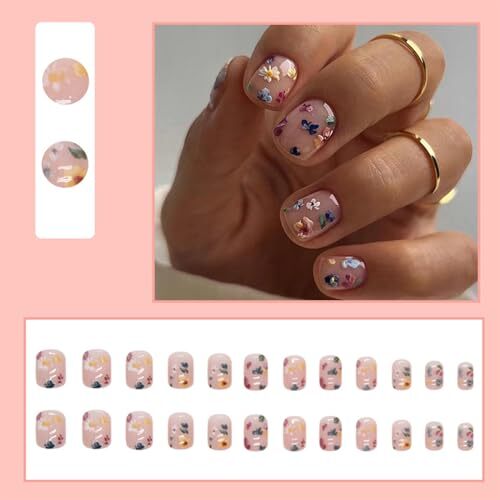 24PCS Press on Nails Short Square Flower Fake Nails Colorful Small Floral Full - Picture 6 of 7