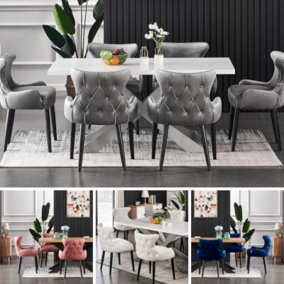 Luxury White Dining Table Set Velvet Chairs Dining Table Set 4 and 6 Seater
