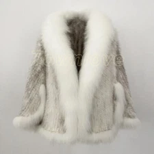 Womens 100% Real Mink Fur Knit Cape Coat Fox Fur Trim Shawl Poncho Wraps Wedding