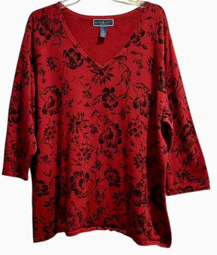 Karen Scott Whimsy Goth Sweater Size 3X Black Red Floral V Neck Cottagecore