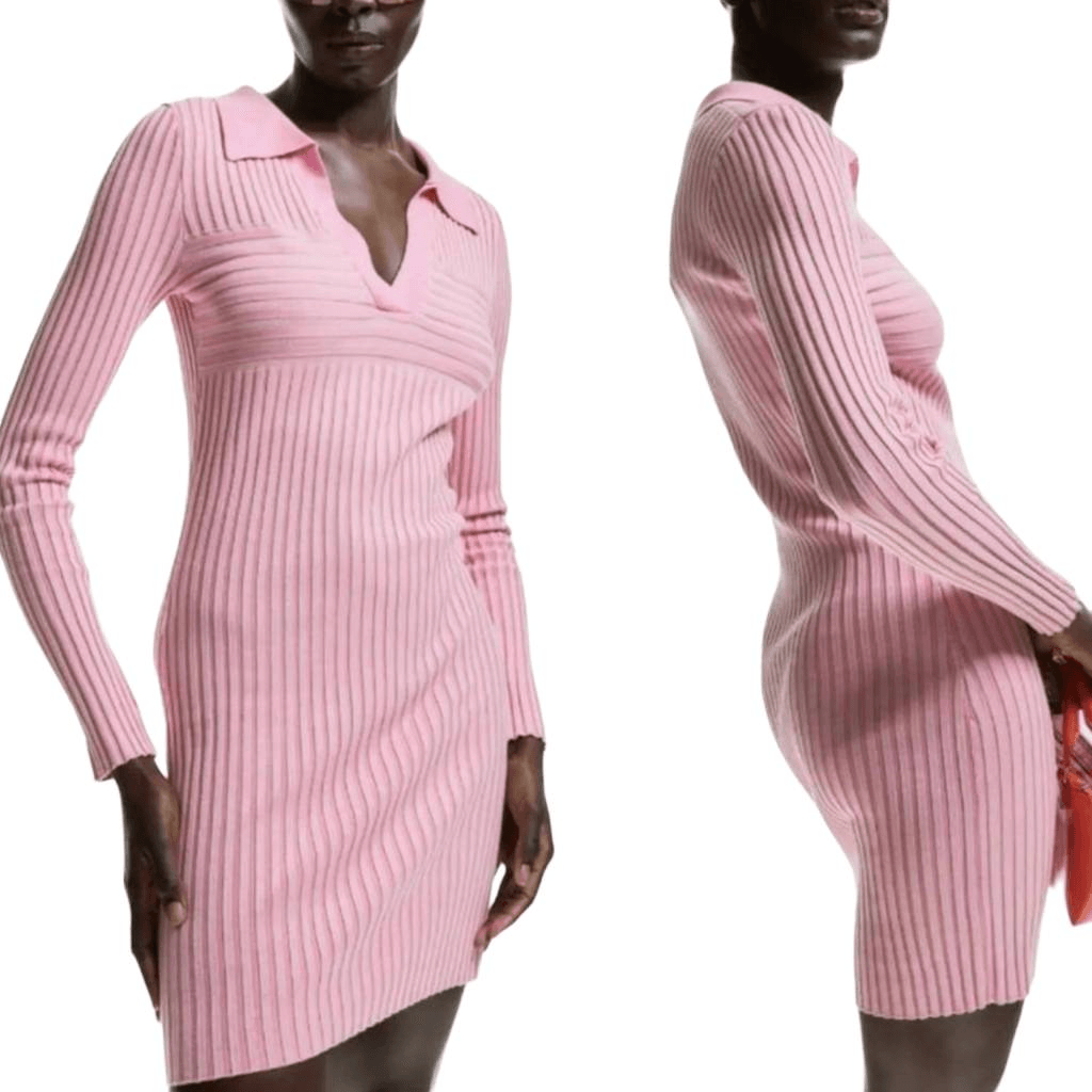 Hm Collared Rib Knit Dress Pink, Casual Dresses For Women, M, Viscose Blend
