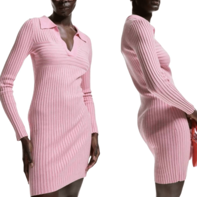 Hm Collared Rib Knit Dress Pink, Casual Dresses For Women, M, Viscose Blend