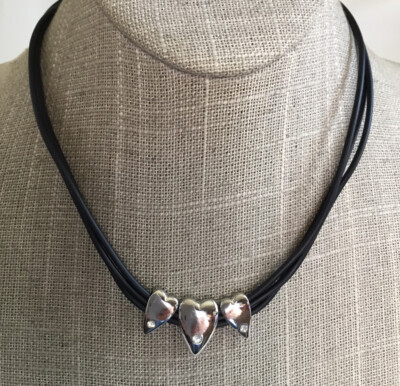 Heart Slide Charms Necklace Multi Strand Silicone Silver Tone