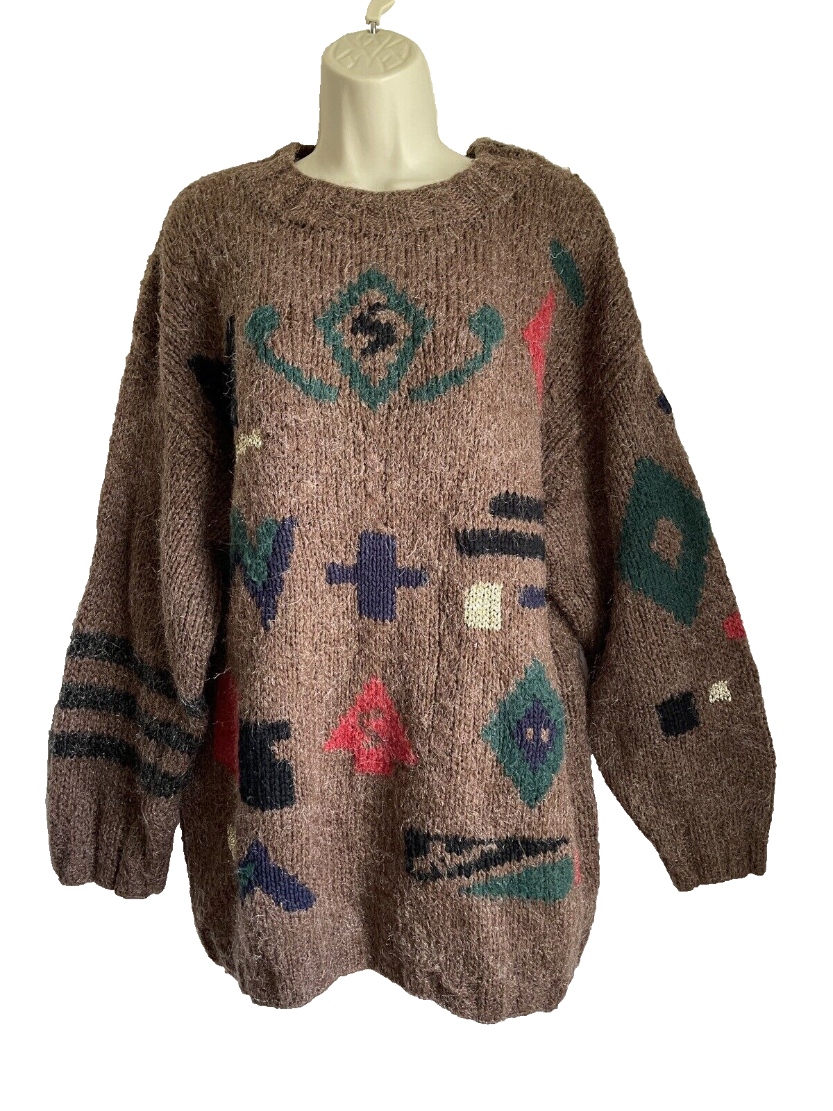 Kitty Hawk M Sweater 80s 90s Era Crew Neckline Brown Geometric Pattern Lurex