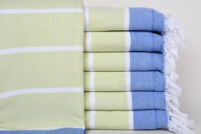 Turkish Towel, Olive Green-Sax Blue Towel, 40x67 Inches, Terry,Striped Towel