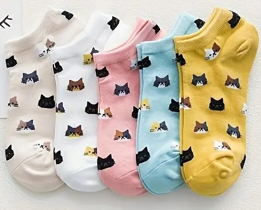No Show Socks Cartoon Cat Print Lightweight Assorted Colors Designs 5 Pairs OS-image
