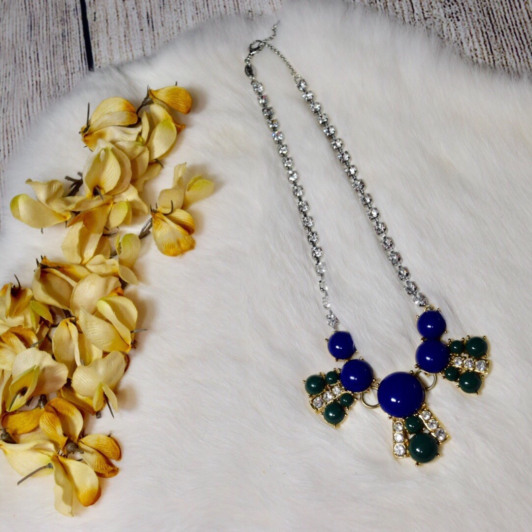 Fossil Bead & Rhinestone Statement Necklace Blue … - image 1