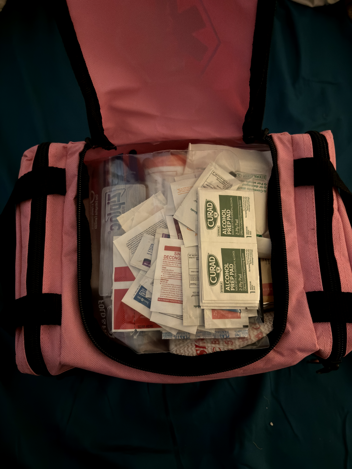 Emergency Car First Aid Kit w/ Fire Blanket and Seatbelt Cutter Pink or Red Bag