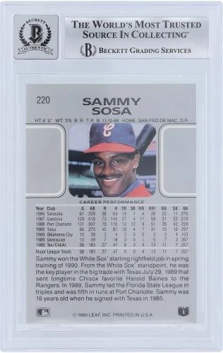 Tarjeta de novato firmada por Sammy Sosa White Sox 1990 Leaf Series 1 #220 BAS 9/10 con Insc Foto 2 de 3