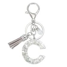 Initial Letter Keychain with Tassel Alphabet Letter C Keyring Silver
