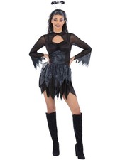 Image of Fallen Angel Black Gothic Dress, Halo, Wings Ladies Fancy Dress Costume
