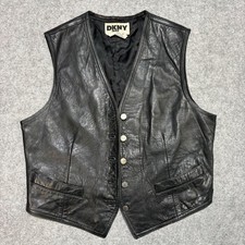 DKNY Jeans Vintage Black Leather Vest Mens Small 100 Genuine Leather 0951