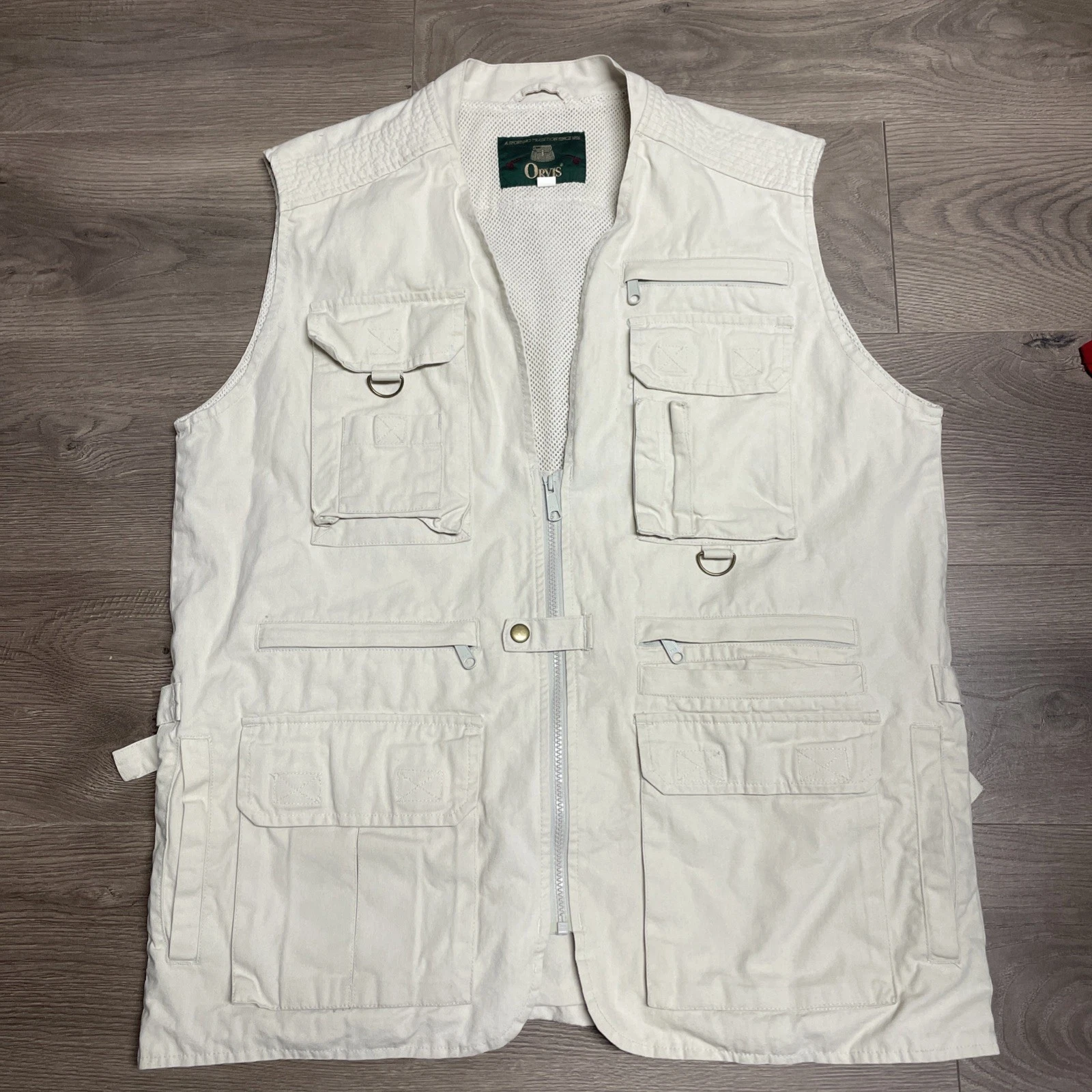 Orvis Fishing Vest Full Zip Khaki Mens Large w/Rear Back Pocket