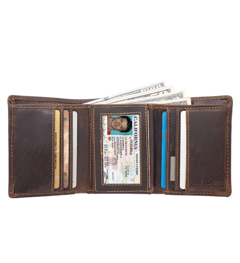 Brown Cowhide Genuine Leather Men's Trifold Premium Wallet Center Flap - Image 3 of 4