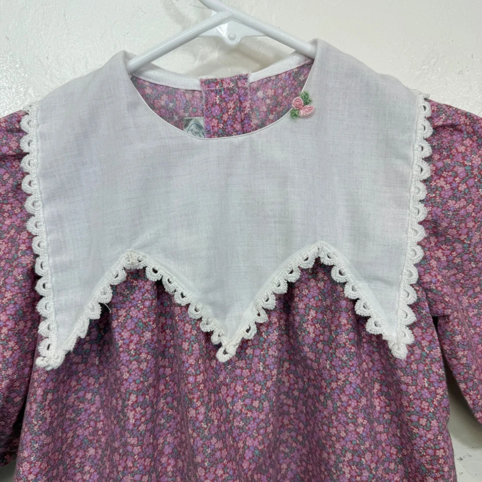 Sarah Louise Girls Dress Size 5 Purple Floral w/Puff Sleeves Lace Collar Vintage - Image 4 of 4