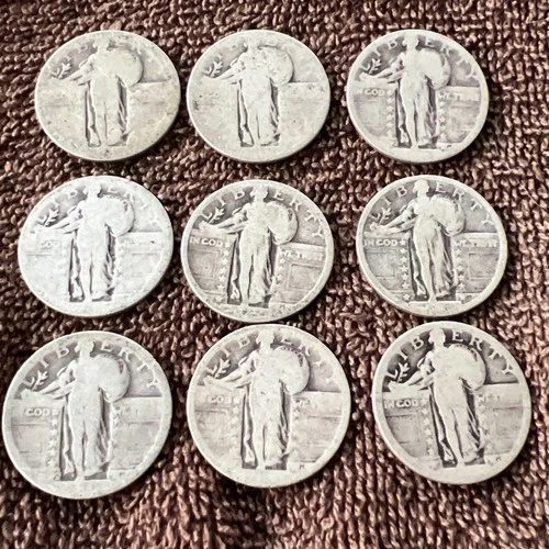 Standing Liberty Quarter Dollars (9)  Silver Worn. No Reserve Auct. 51.8 Grams