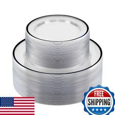 BESTSTAR 100PC Black & Clear Disposable Plastic Plates - Dinner & Salad Set