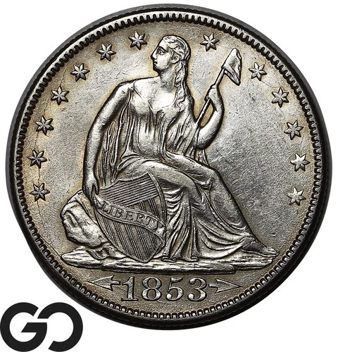 1853 Seated Liberty Half Dollar, Arrows & Rays, Mint Luster Choice AU++ Key Date