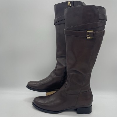 Ecco Womens 39 (8-8.5) Boots Knee High Riding Brown Leather Gold Buckle Full Zip