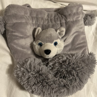 Plush Husky Wolf Dog 10  X 9  Plush Puppy Grey/White Stuffed String Bag Preowned