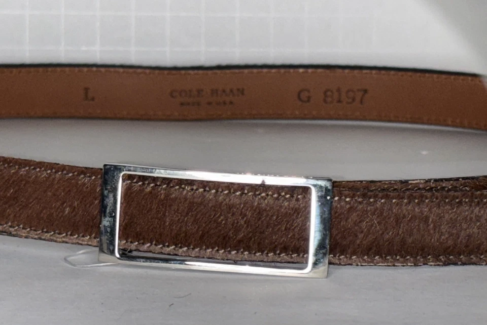 Vintage COLE HAAN Brown Belt Calf Hair Leather Silver Buckle size L 32” - 36” - Image 3 of 4
