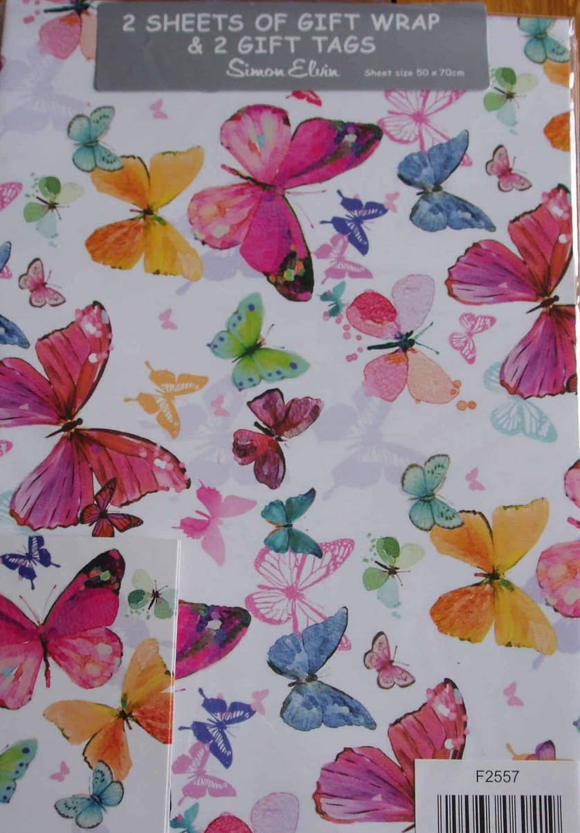 Giftwrap and Tags 2 Sheets 2 Tags Gift Wrap Present Wrapping Paper BUTTERFLIES