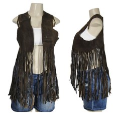 VTG Suede Leather Long FRINGE Brown REVERSIBLE Hippie Boho Festival Vest S M