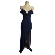 City Studio Navy Off Shoulder Maxi Dress Slit Sweetheart Prom Size 3 Flaw