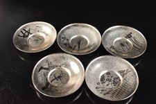 B467: Japanese Metal Shikunshi sculpture TEA CUP TRAY Saucer Chataku 5pcs,