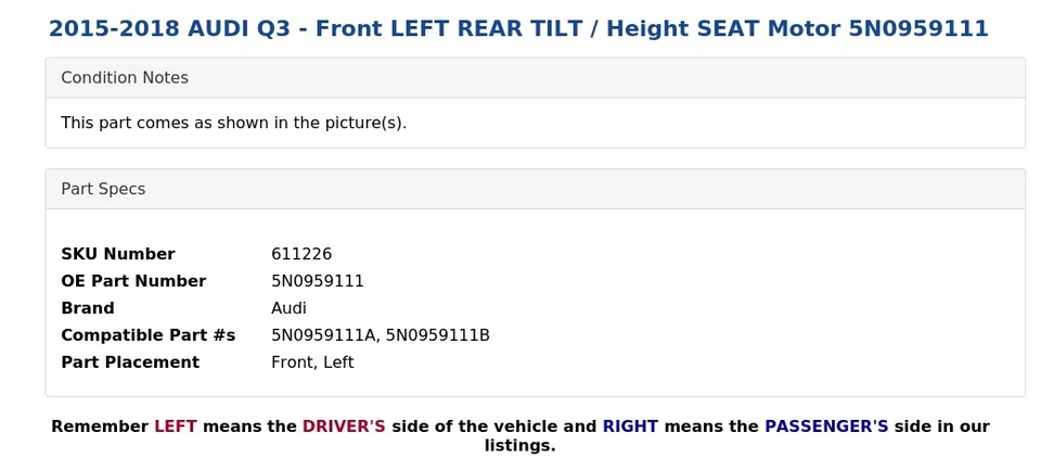AUDI Q3 2015-2018 - Motor asiento delantero izquierdo inclinable/altura 5N0959111 Foto 4 de 4