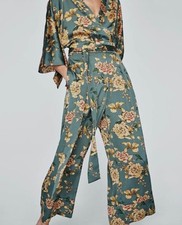 NWOT ZARA Sage Green Floral Print BELTED KIMONO JUMPSUIT Wide Leg S 6 8 10