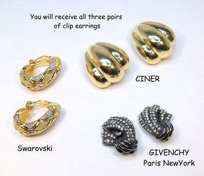 Vintage Signed Clip On Earrings Lot GIVENCHY - CINER - SWAROVSKI - Rhinestone