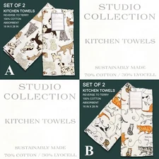 2-PK New STUDIO COLLECTION Reverse Cotton Terry Kitchen Towels Cats OR Dogs