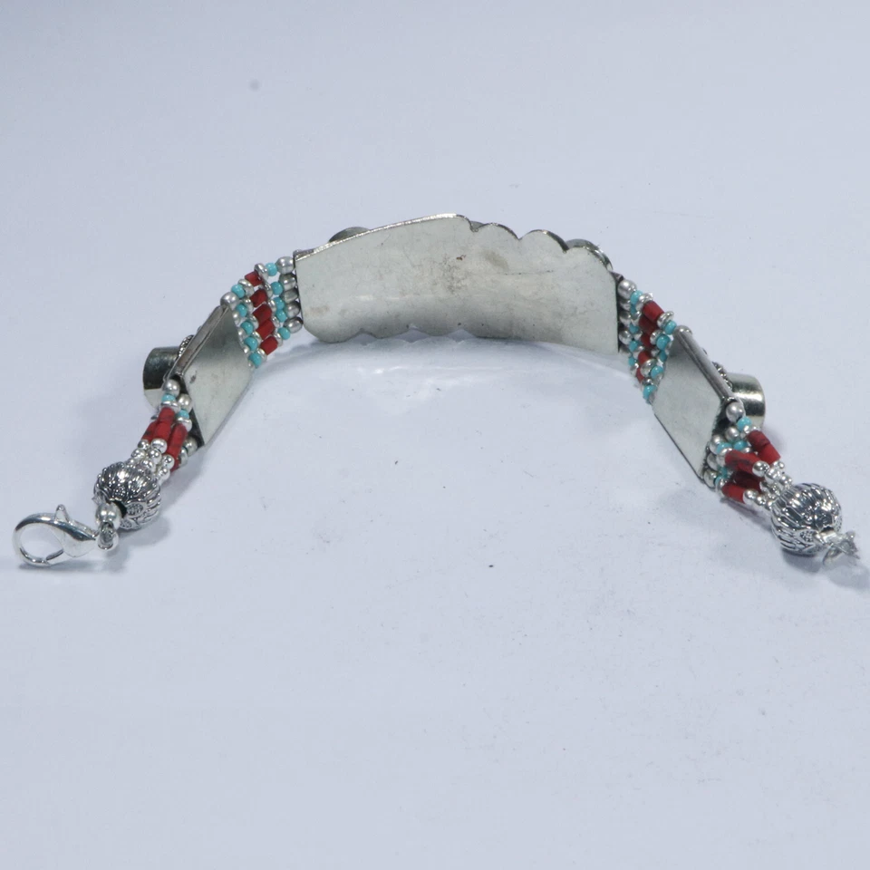 Handmade Tibetan Silver bracelet with round Turquoise and Coral gemstones - Image 3 of 4