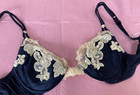 La Perla Maison midnight ink blue silk bra IT1 32B new vintage cream lace plunge