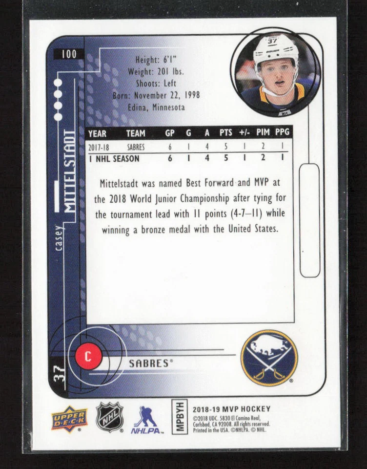 2018-19 Upper Deck MVP #100 Casey Mittelstadt 20th Anniversary Silver Script RC - Image 2 of 2