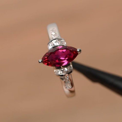 925 Sterling Silver Pink Ruby Ring Lab Created Marquise Gemstone Women Ring - Picture 3 of 5